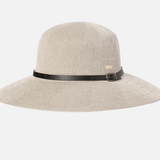 Kooringal Women's Wide Brim Leslie hat in Taupe, angled view showing the black band