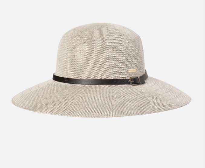 Kooringal Women's Wide Brim Leslie hat in Taupe, angled view showing the black band
