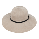 Kooringal Women's Wide Brim Leslie hat in Taupe, a beige woven sun hat with a black band