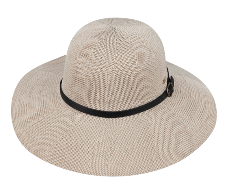 Kooringal Women's Wide Brim Leslie hat in Taupe, a beige woven sun hat with a black band