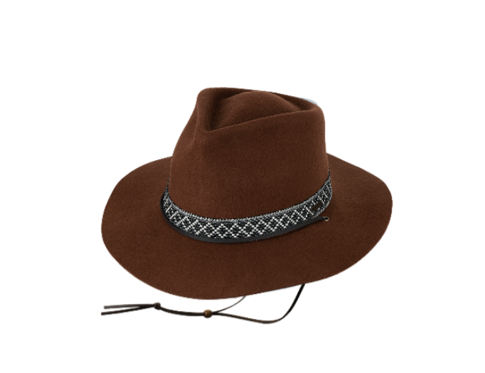 Kooringal Women's Wide Brim Phoenix hat in Chestnut, a rust felt hat with a woven band and chin cord