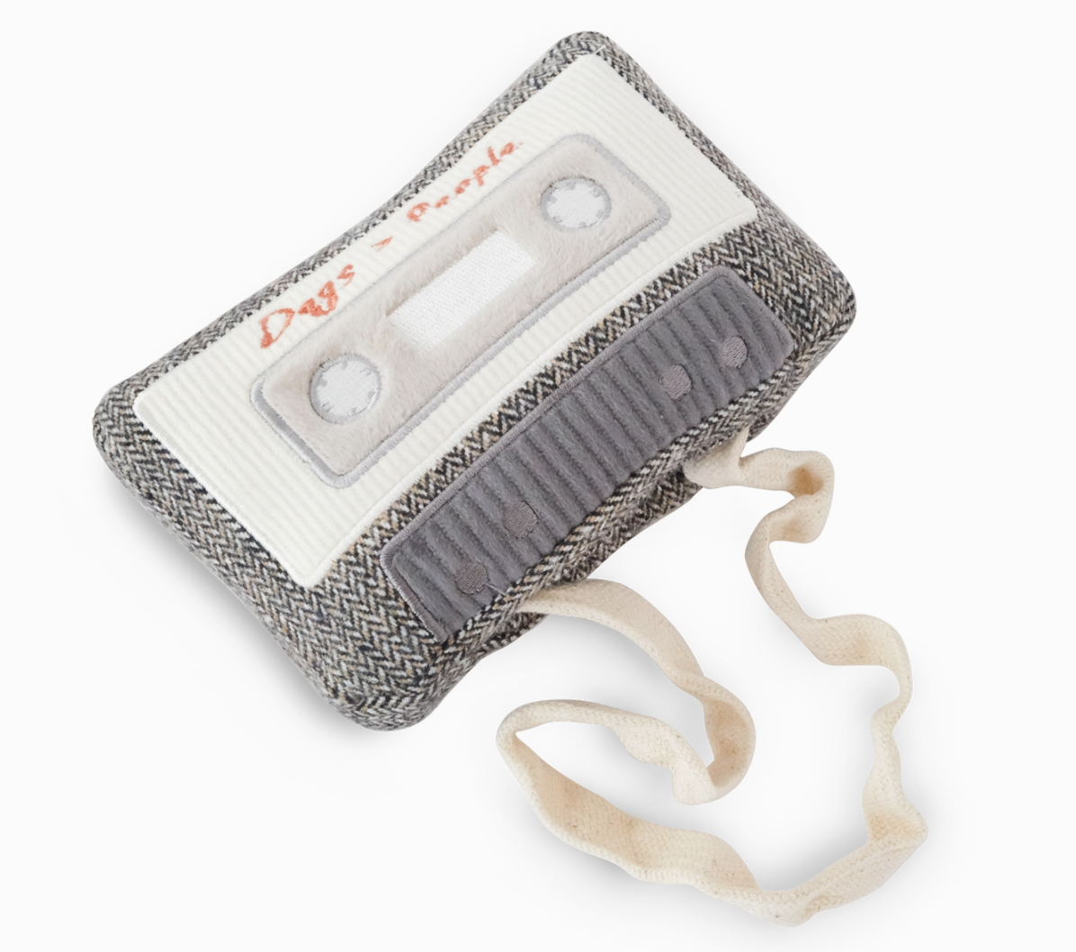 Lambwolf Collective Cassette Dog Toy, a gray tweed cassette tape plush with a pull-out cream ribbon