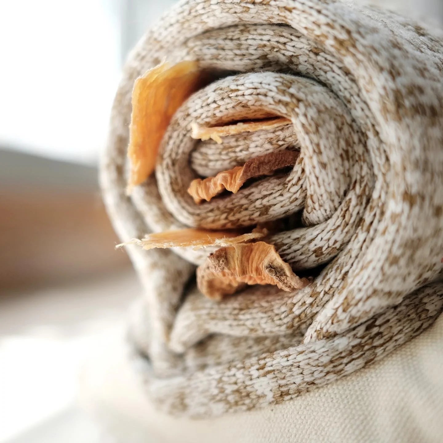 Close-up of treats tucked into the rolled tweed shell of the Lambwolf Collective Snail Snuffle Dog Toy