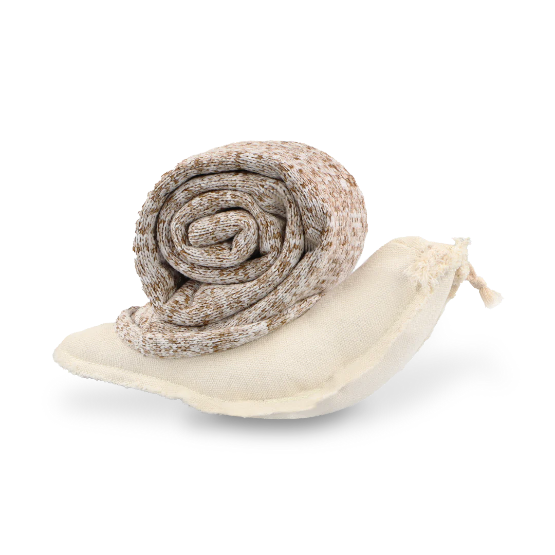 Lambwolf Collective Snail Snuffle + Squeaky Dog Toy, a rolled tweed snail with a cream canvas body