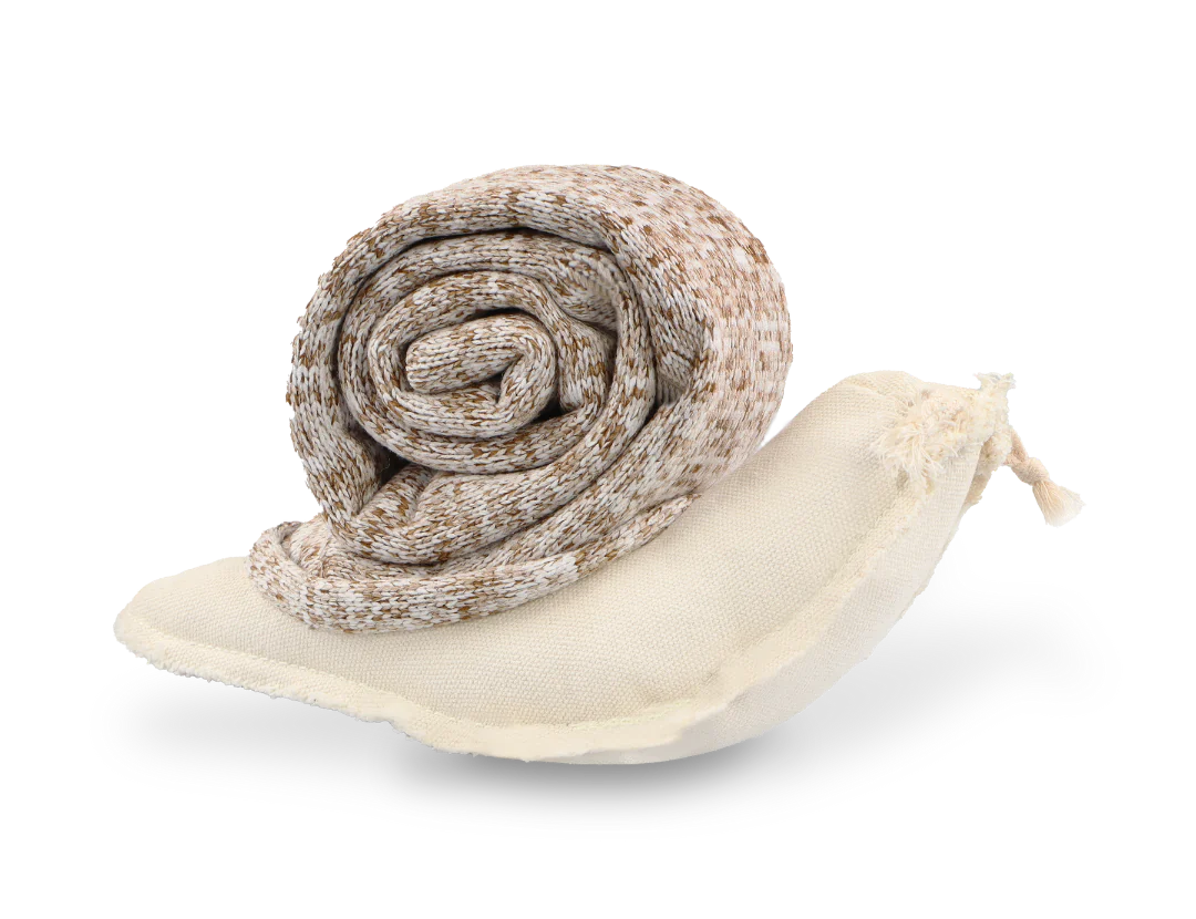 Lambwolf Collective Snail Snuffle + Squeaky Dog Toy, a rolled tweed snail with a cream canvas body