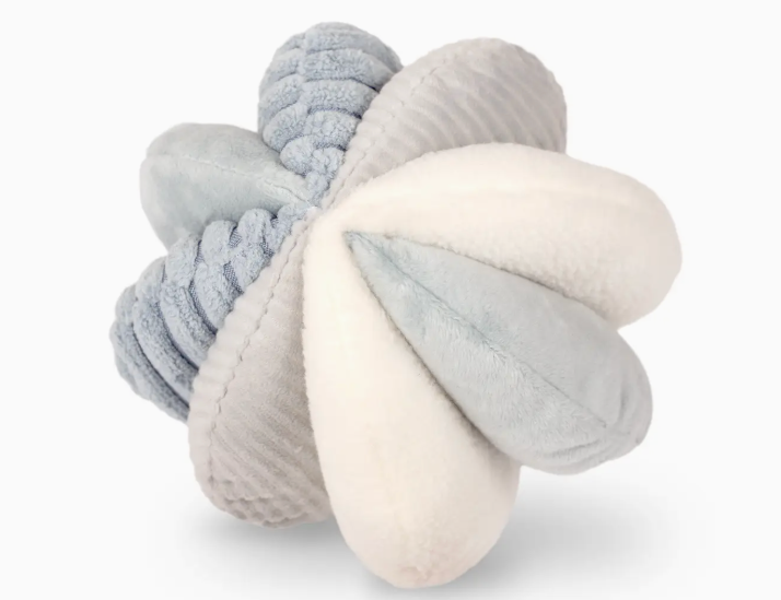 Lambwolf Collective Toto Enrichment Dog Toy in Marine, a plush puzzle ball in blue, gray and cream segments