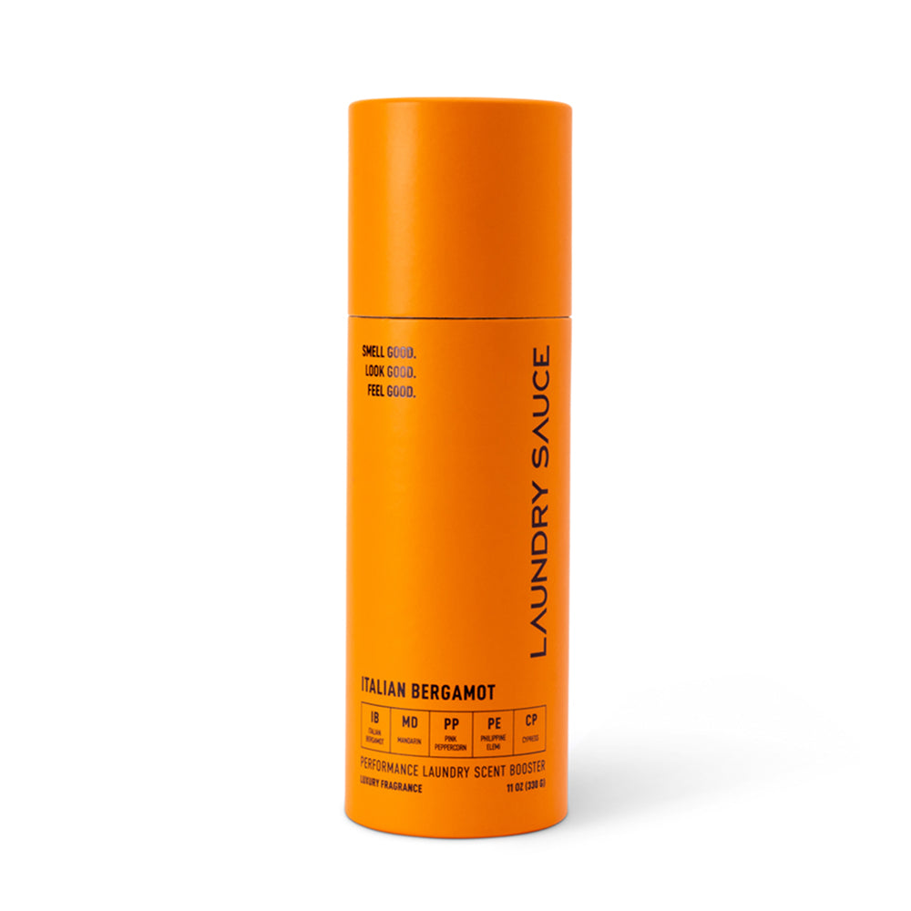 Laundry Sauce Laundry Scent Booster in Italian Bergamot, an orange cylinder canister