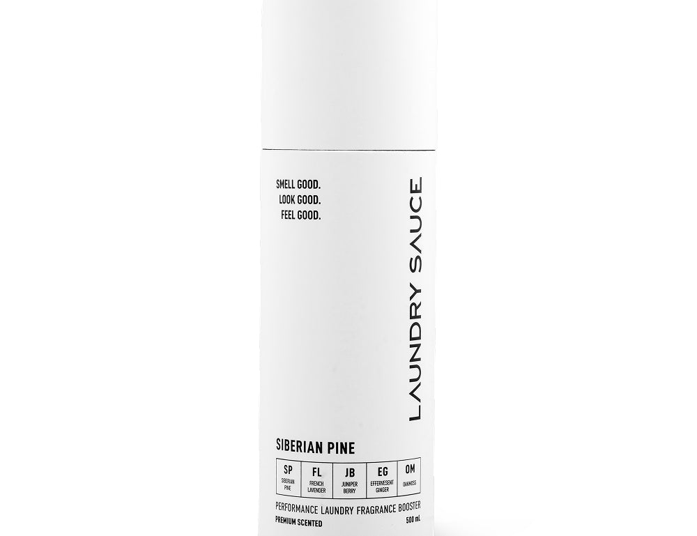 Laundry Sauce Laundry Scent Booster in Siberian Pine, a white cylinder canister