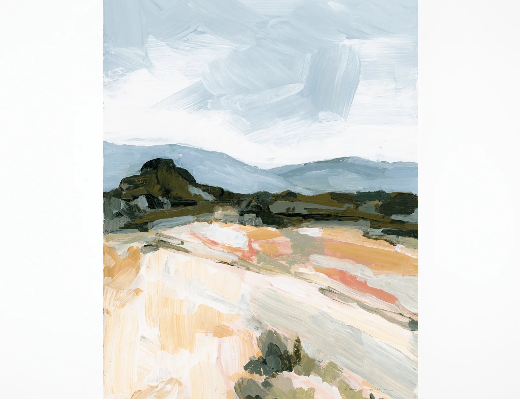 Laurie Anne Art Blue Desert Fine Art Print, a painted landscape with blue mountains and a golden desert, unframed