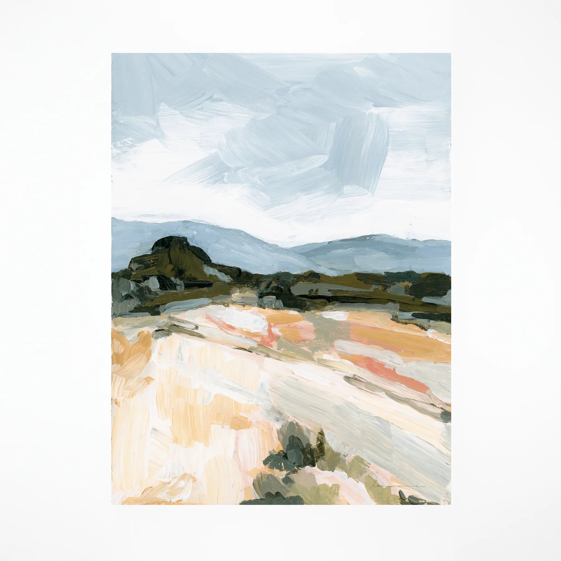 Laurie Anne Art Blue Desert Fine Art Print, a painted landscape with blue mountains and a golden desert, unframed