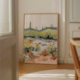 Laurie Anne Art Bright Desert Fine Art Print in a thin gold frame leaning against a wall in a sunlit room
