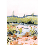 Laurie Anne Art Bright Desert Fine Art Print, a painted desert with saguaro cacti, pink sky and green hills, unframed