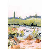 Laurie Anne Art Bright Desert Fine Art Print, a painted desert with saguaro cacti, pink sky and green hills, unframed