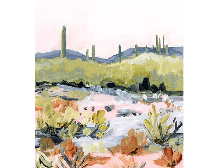 Laurie Anne Art Bright Desert Fine Art Print, a painted desert with saguaro cacti, pink sky and green hills, unframed