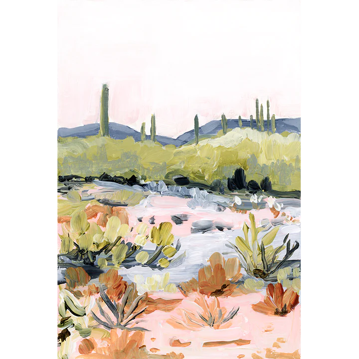 Laurie Anne Art Bright Desert Fine Art Print, a painted desert with saguaro cacti, pink sky and green hills, unframed