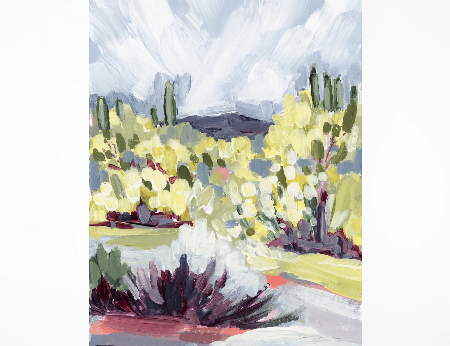 Laurie Anne Art Brush Desert Fine Art Print, a painted desert landscape with yellow blooms and a cloudy sky, unframed