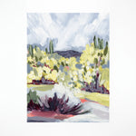 Laurie Anne Art Brush Desert Fine Art Print, a painted desert landscape with yellow blooms and a cloudy sky, unframed