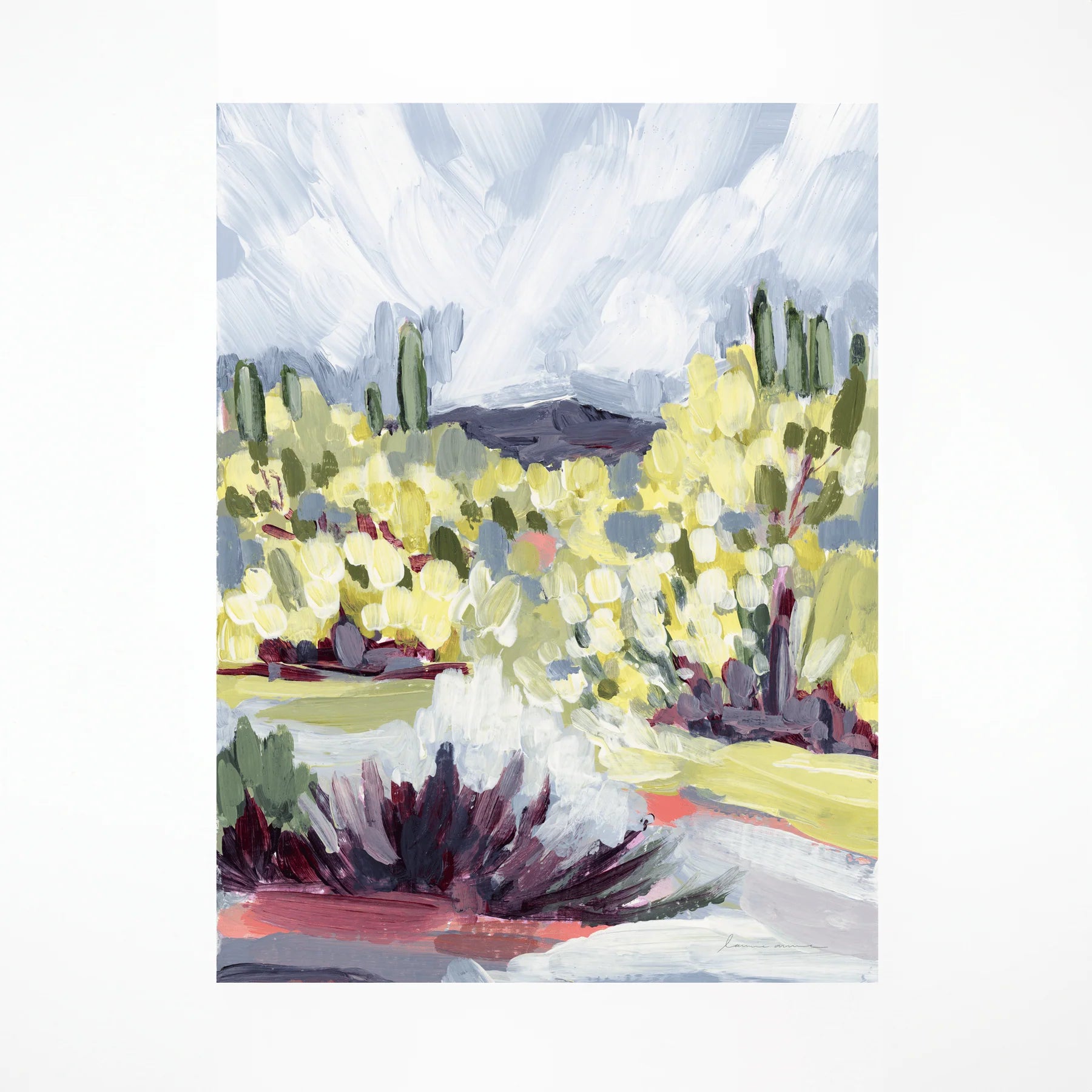 Laurie Anne Art Brush Desert Fine Art Print, a painted desert landscape with yellow blooms and a cloudy sky, unframed