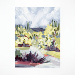 Laurie Anne Art Brush Desert Fine Art Print, a painted desert landscape with yellow blooms and a cloudy sky, unframed