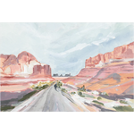 Laurie Anne Art Canyon Road Fine Art Print, a painted desert road between pink and orange red rock cliffs, unframed