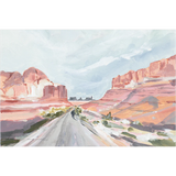 Laurie Anne Art Canyon Road Fine Art Print, a painted desert road between pink and orange red rock cliffs, unframed
