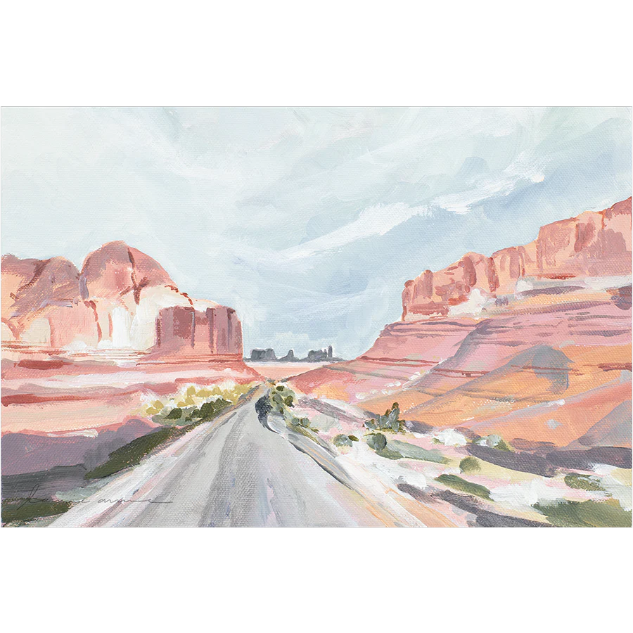 Laurie Anne Art Canyon Road Fine Art Print, a painted desert road between pink and orange red rock cliffs, unframed
