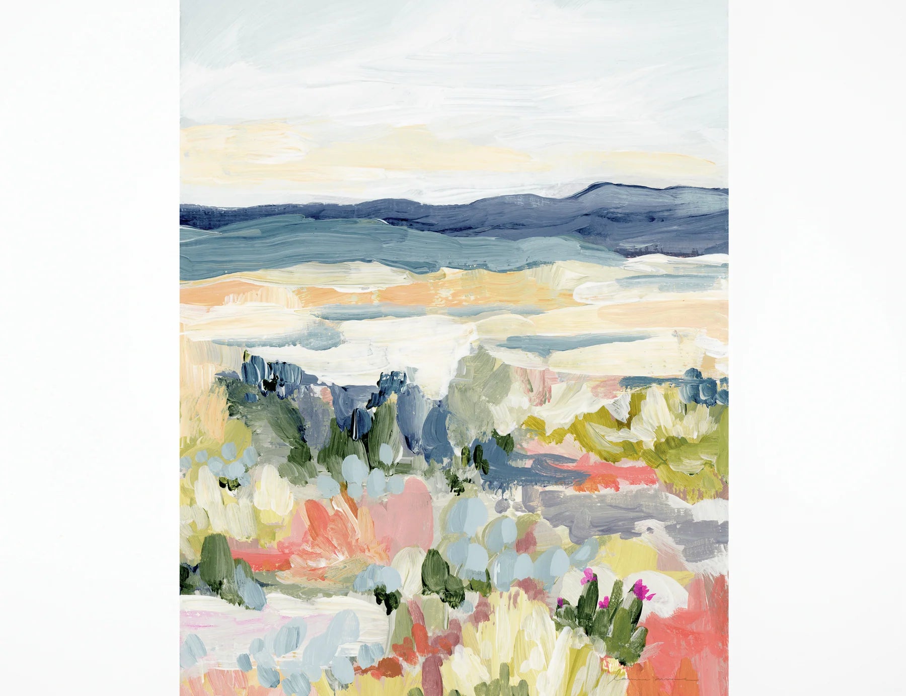 Laurie Anne Art Desert Dawn Fine Art Print, a painted desert with navy mountains, pale sky and colorful brush, unframed