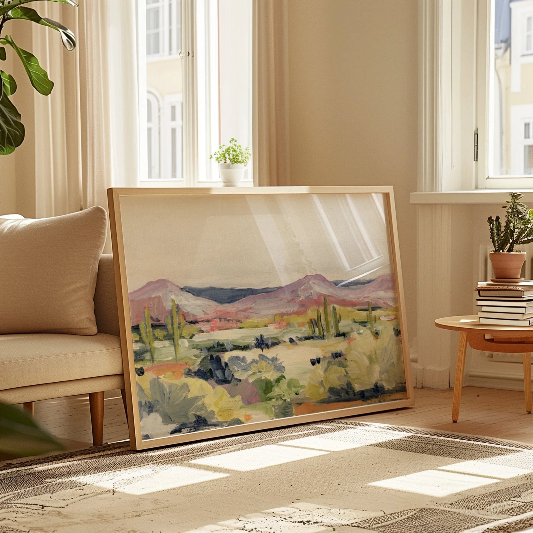 Laurie Anne Art Desert Flora Fine Art Print in a wood frame leaning against a wall in a sunlit living room