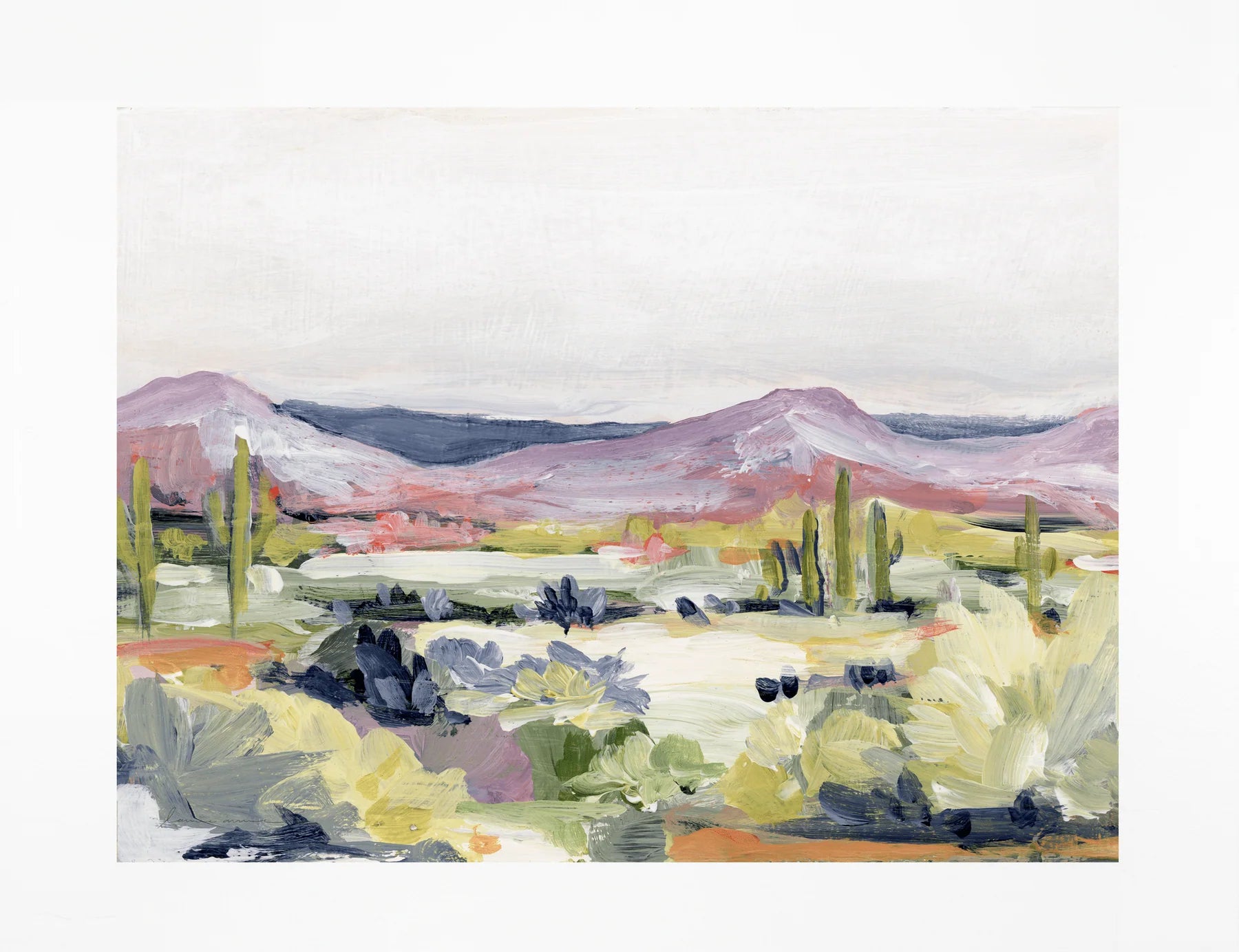 Laurie Anne Art Desert Flora Fine Art Print, a painted desert with purple mountains and green saguaros, unframed