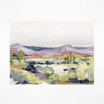 Laurie Anne Art Desert Flora Fine Art Print, a painted desert with purple mountains and green saguaros, unframed
