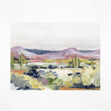 Laurie Anne Art Desert Flora Fine Art Print, a painted desert with purple mountains and green saguaros, unframed