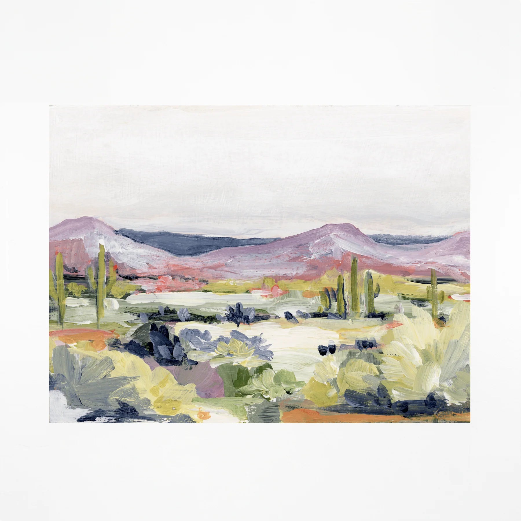 Laurie Anne Art Desert Flora Fine Art Print, a painted desert with purple mountains and green saguaros, unframed