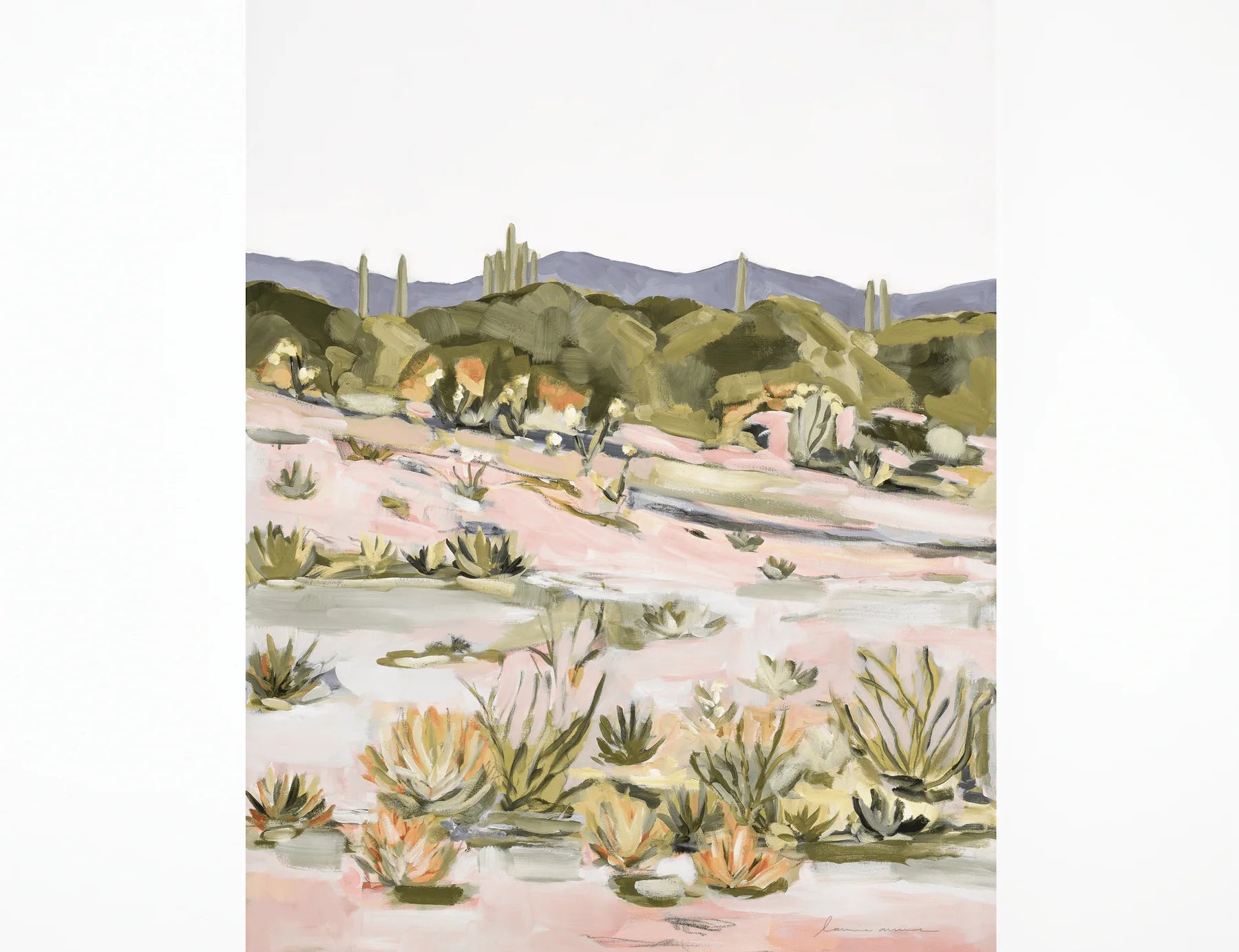 Laurie Anne Art Desert Glory Fine Art Print, a painted desert wash with saguaros, pink sand and green hills, unframed