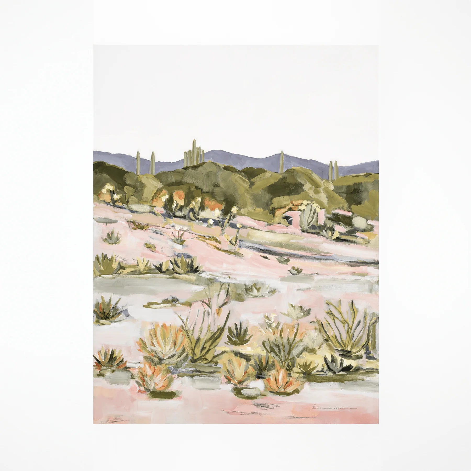 Laurie Anne Art Desert Glory Fine Art Print, a painted desert wash with saguaros, pink sand and green hills, unframed