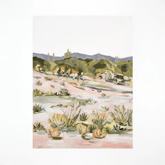Laurie Anne Art Desert Glory Fine Art Print, a painted desert wash with saguaros, pink sand and green hills, unframed