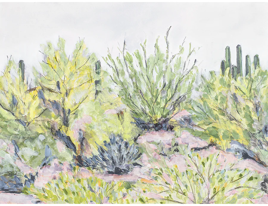 Laurie Anne Art Desert Plants Fine Art Print, a loose painting of green desert shrubs and cacti, unframed