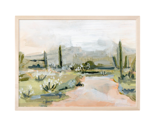 Laurie Anne Art Desert Rain Fine Art Print in a natural wood frame, front view
