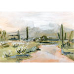 Laurie Anne Art Desert Rain Fine Art Print, a painted desert with a peach path, saguaros and a cloudy sky, unframed