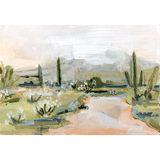 Laurie Anne Art Desert Rain Fine Art Print, a painted desert with a peach path, saguaros and a cloudy sky, unframed