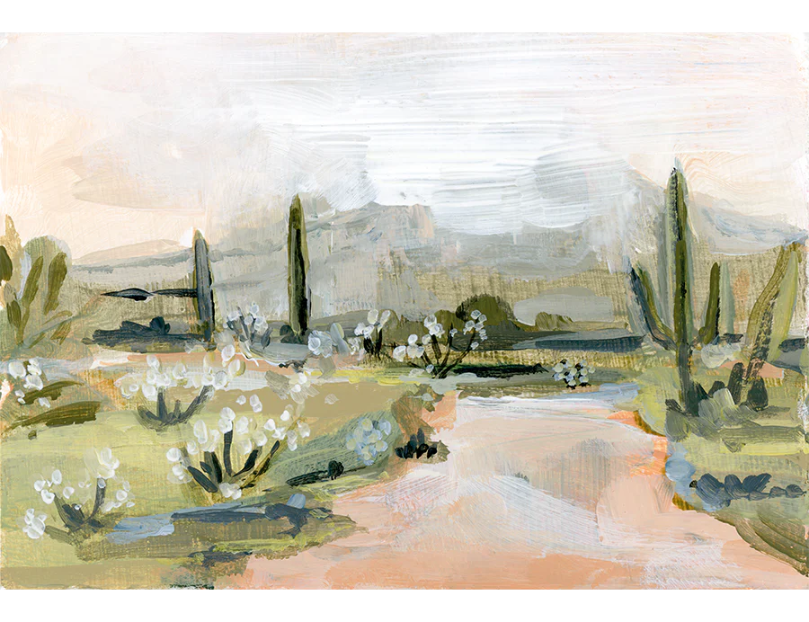 Laurie Anne Art Desert Rain Fine Art Print, a painted desert with a peach path, saguaros and a cloudy sky, unframed