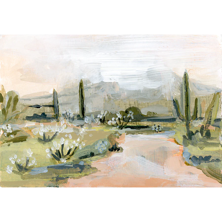 Laurie Anne Art Desert Rain Fine Art Print, a painted desert with a peach path, saguaros and a cloudy sky, unframed