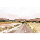 Laurie Anne Art Desert Road Fine Art Print, a painted road through a golden desert toward pink mountains, unframed