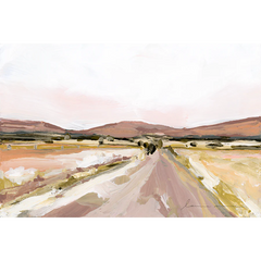 Laurie Anne Art Desert Road Fine Art Print, a painted road through a golden desert toward pink mountains, unframed