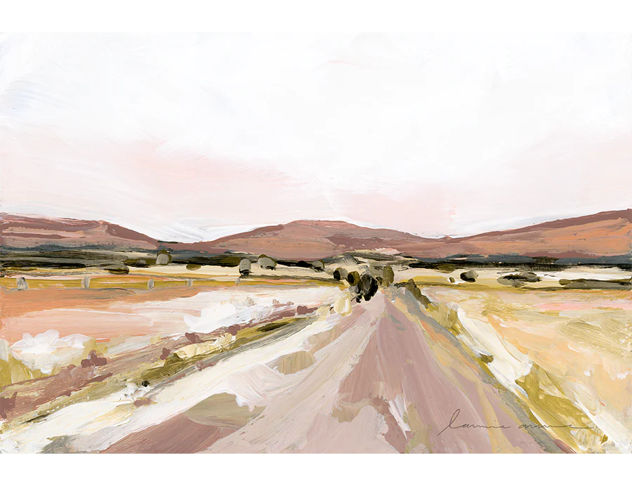 Laurie Anne Art Desert Road Fine Art Print, a painted road through a golden desert toward pink mountains, unframed