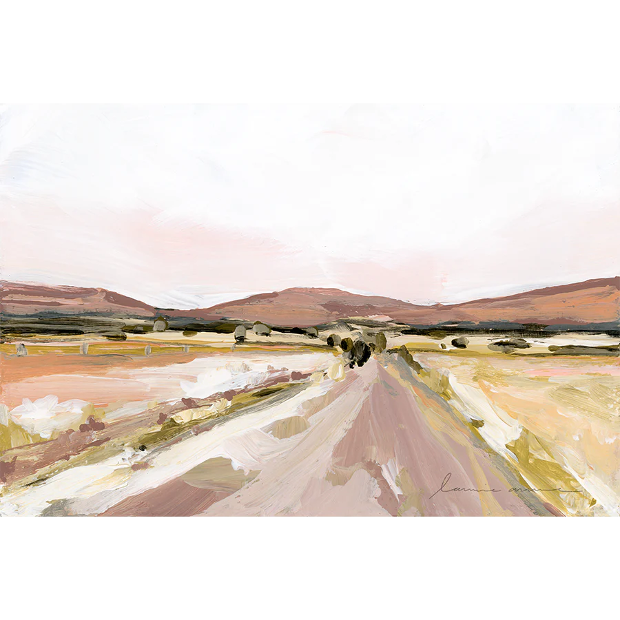 Laurie Anne Art Desert Road Fine Art Print, a painted road through a golden desert toward pink mountains, unframed