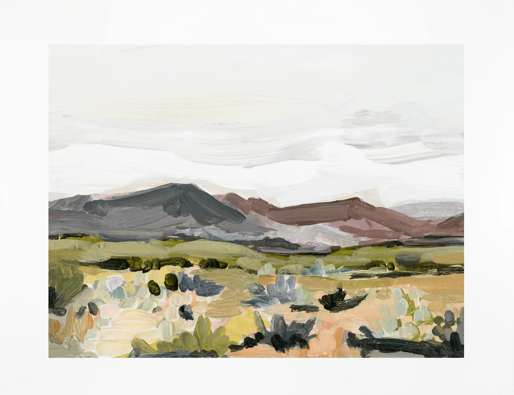 Laurie Anne Art Mauve Desert Fine Art Print, a painted desert with mauve mountains and green scrub, unframed