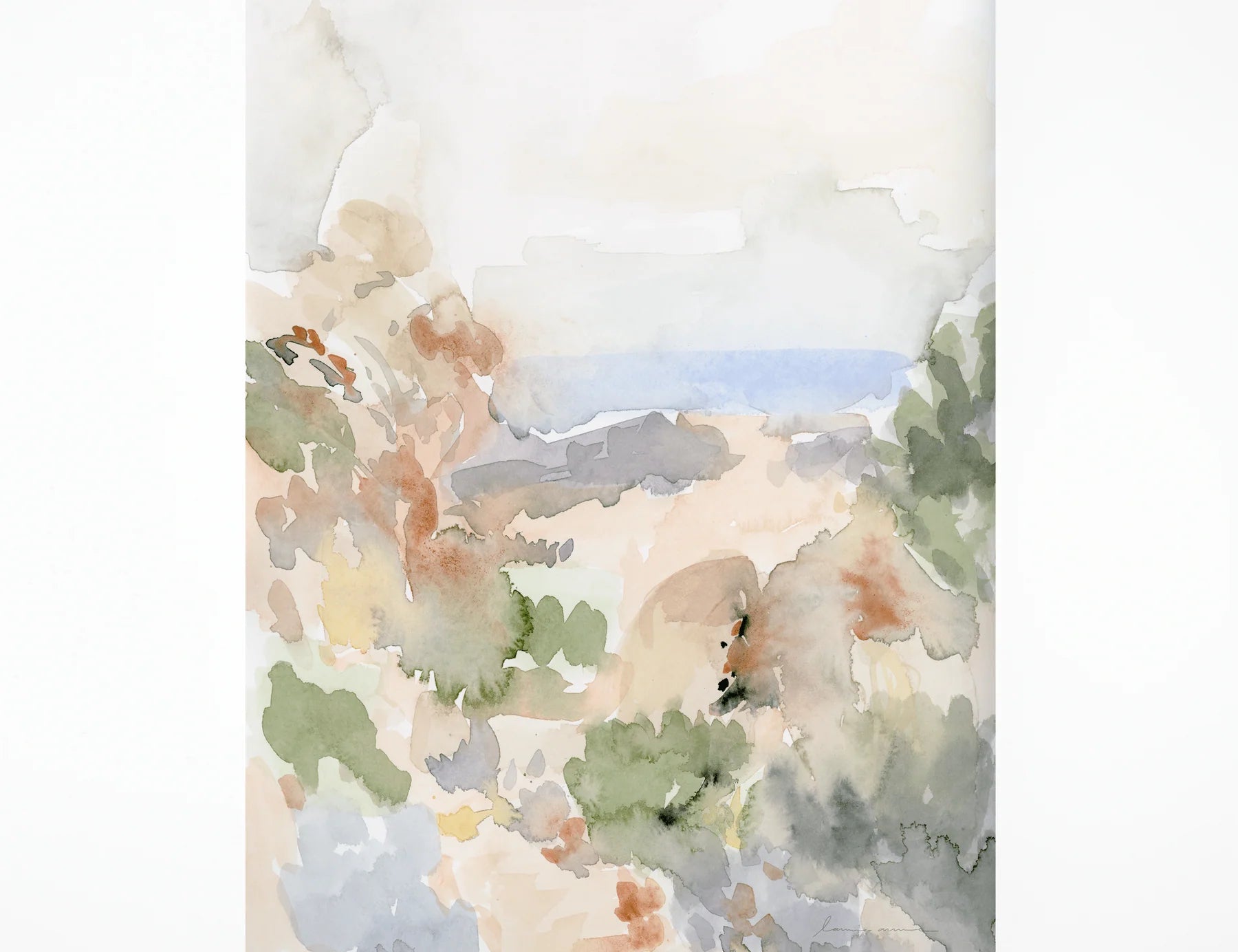 Laurie Anne Art Pastel Wash Fine Art Print, a soft watercolor coastal landscape in sage and blush, unframed