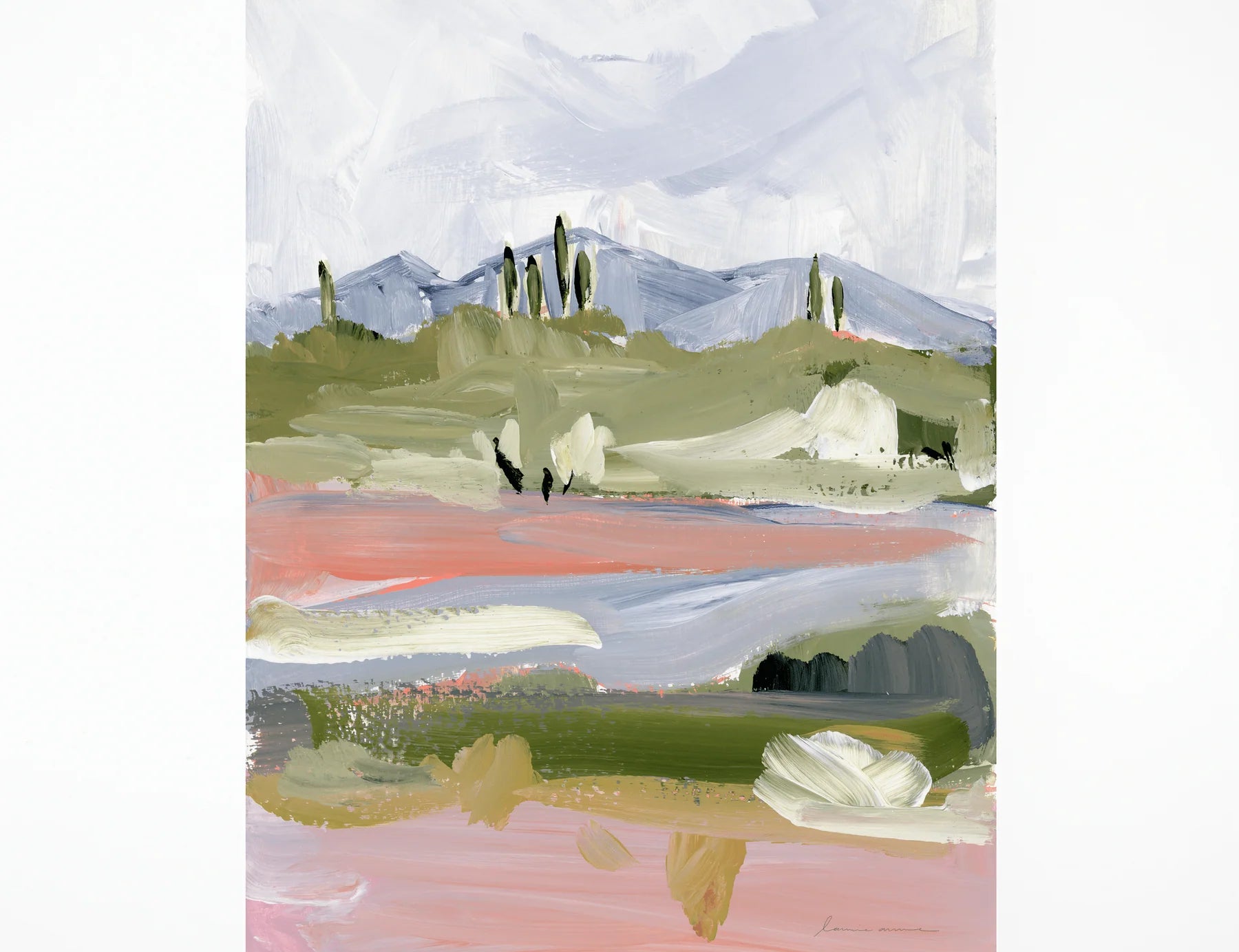 Laurie Anne Art Periwinkle Desert Fine Art Print, an abstract desert landscape in green, pink and periwinkle, unframed