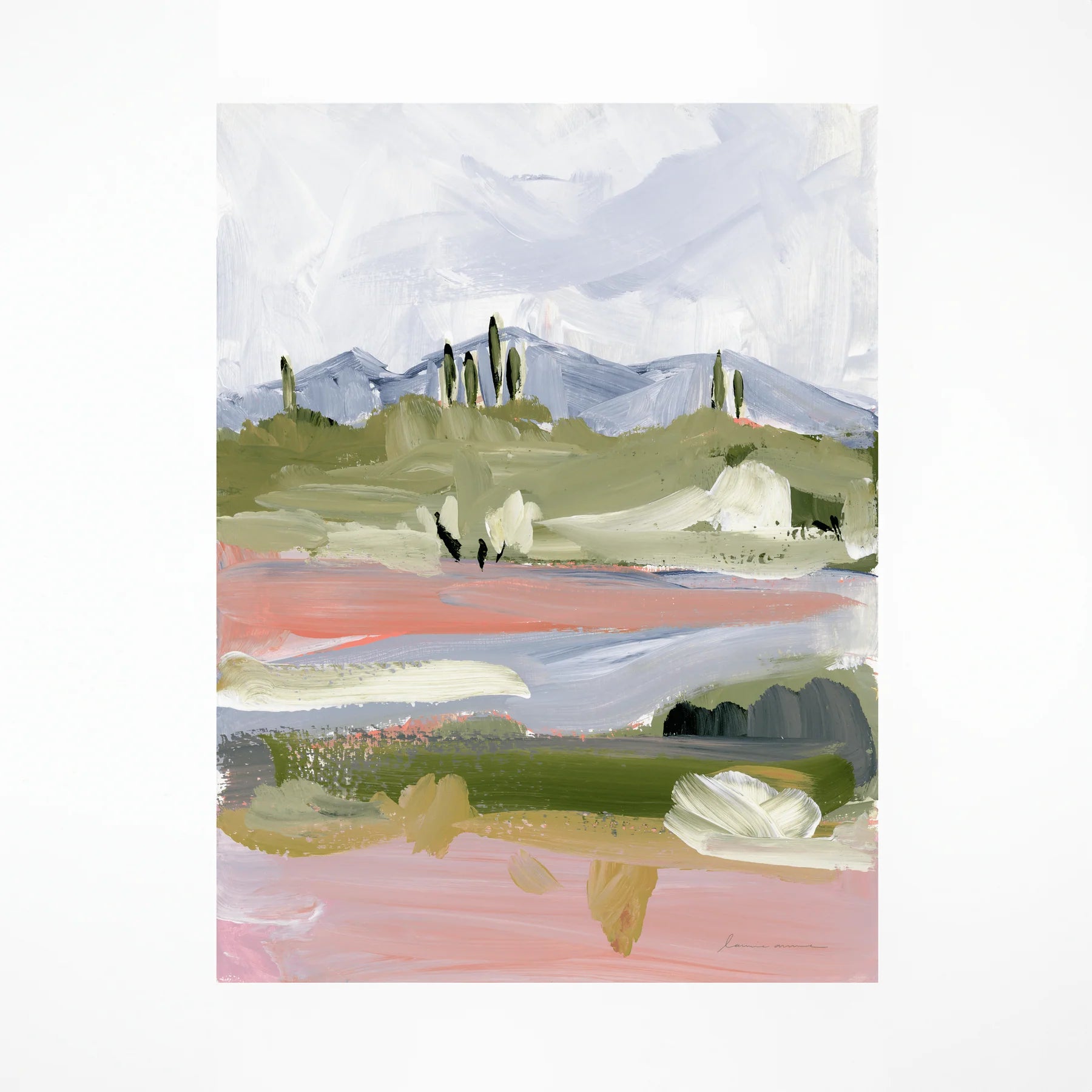 Laurie Anne Art Periwinkle Desert Fine Art Print, an abstract desert landscape in green, pink and periwinkle, unframed