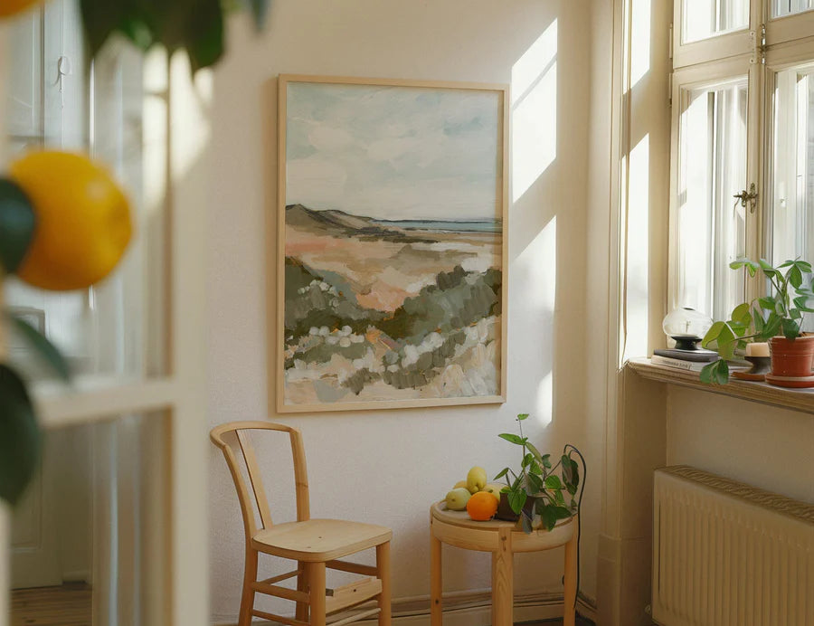 Laurie Anne Art Sage Brush Fine Art Print framed on a wall in a sunlit room with plants